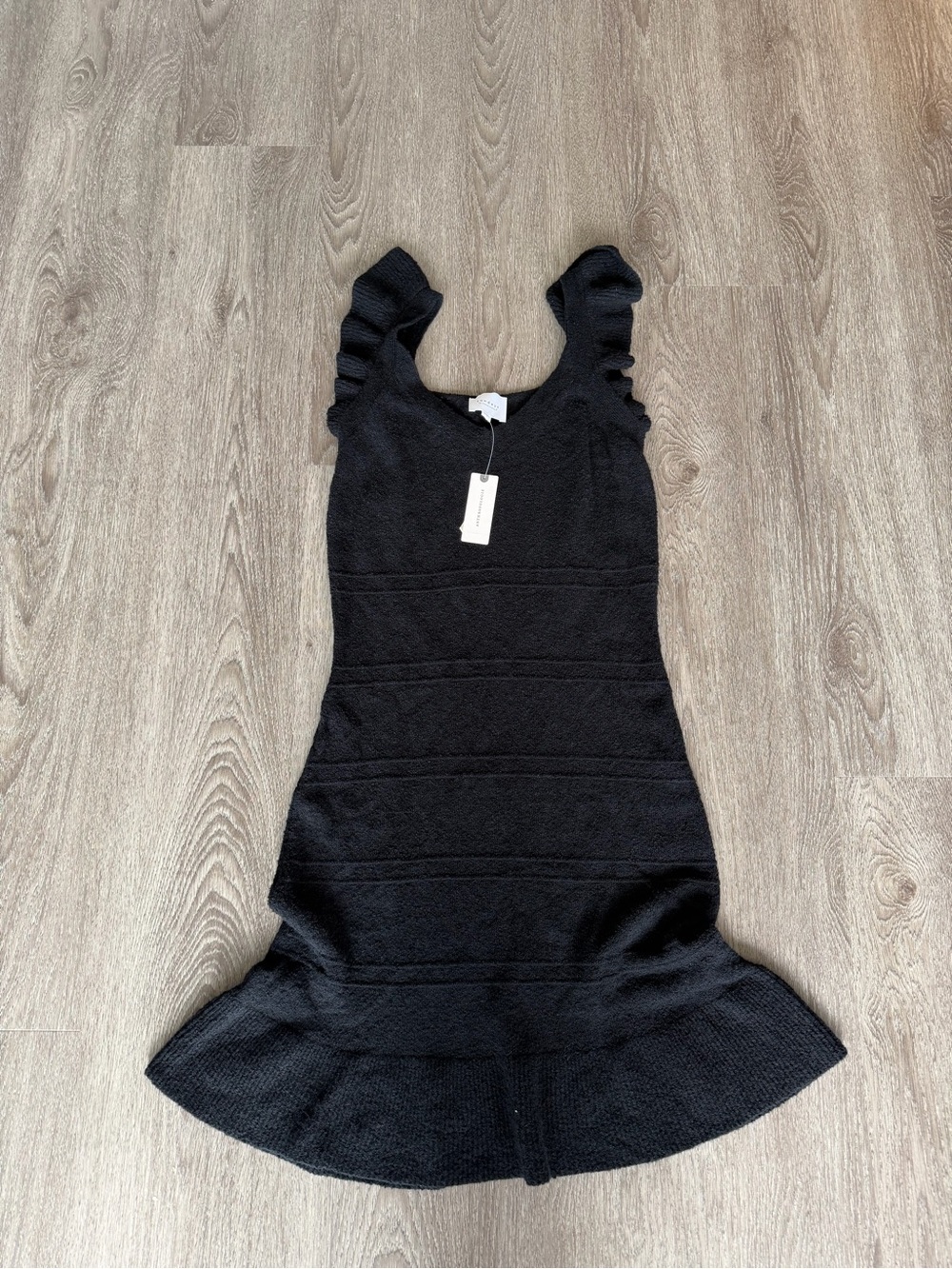 Sundays Lou Anthro Mini Sweater Dress Ruffled Sleeve Knit Crochet Black V Neck S